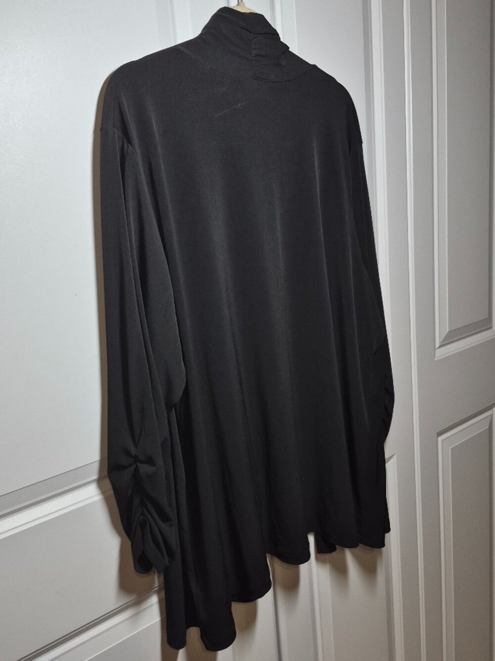 Susan Graver Liquid Knit Open Front Cardigan 3/4 length Ruched sleeves 2X Black - Picture 3 of 10